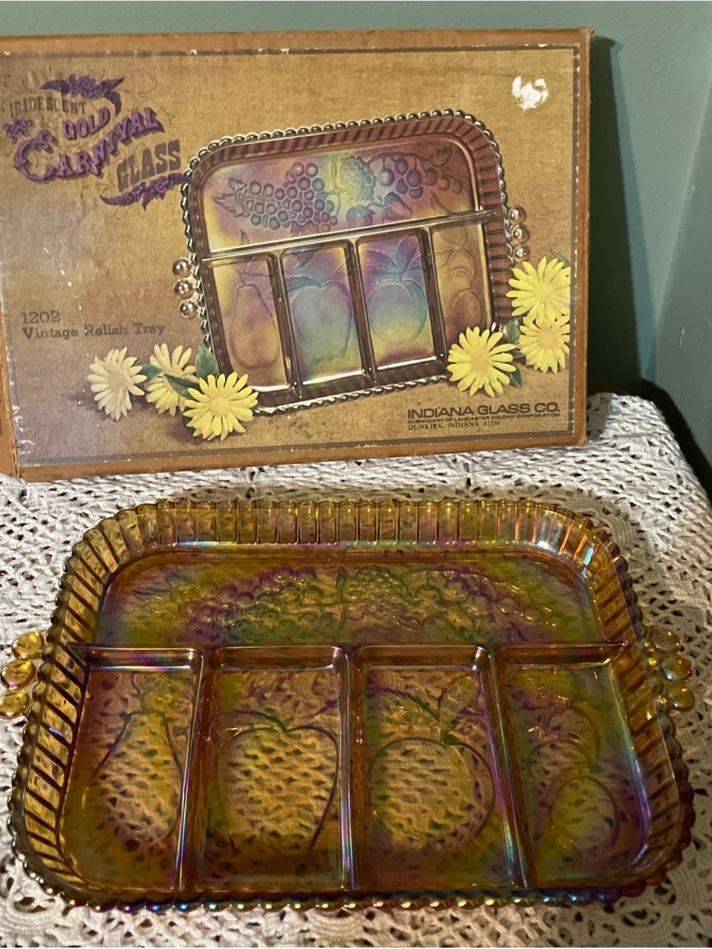 VINTAGE Indiana Glass #1202 Relish Tray, Iridescent Gold Carnival Glass, 13 x 9